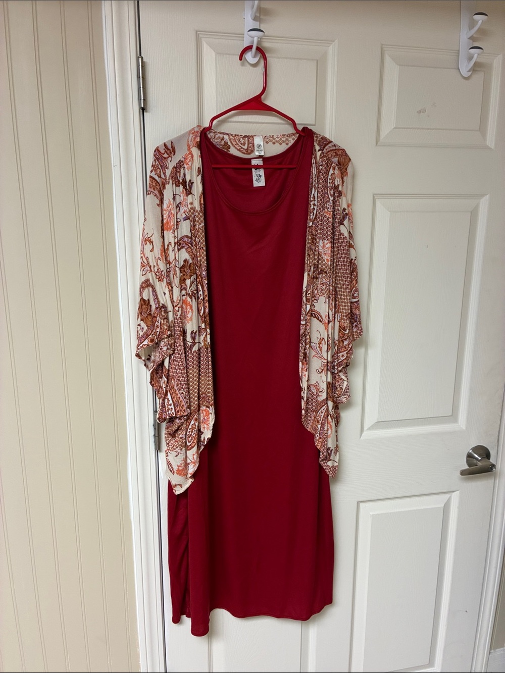Red Layered Midi Dress with Floral Kimono